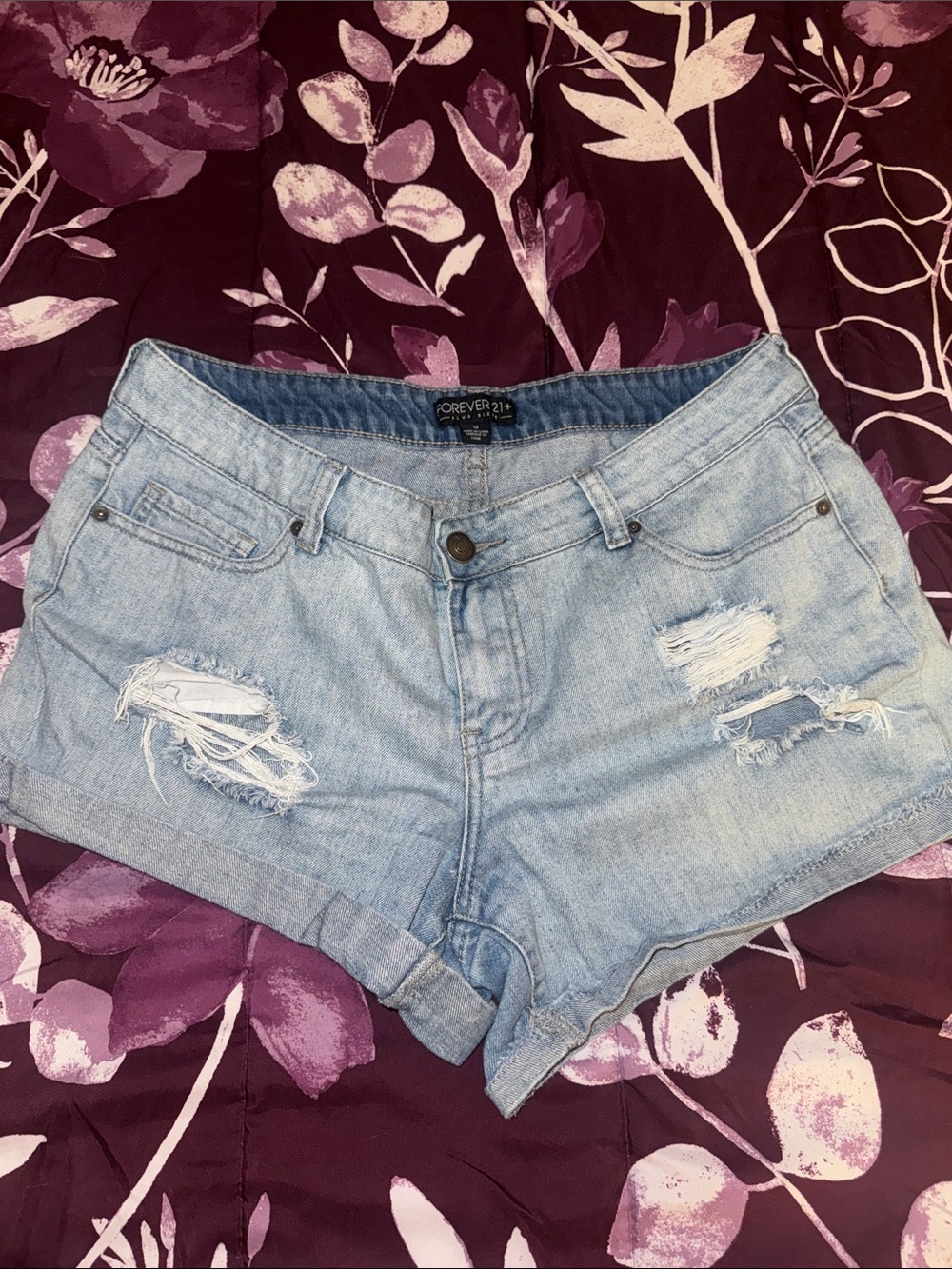 Forever 21 Light Wash Distressed Denim Shorts